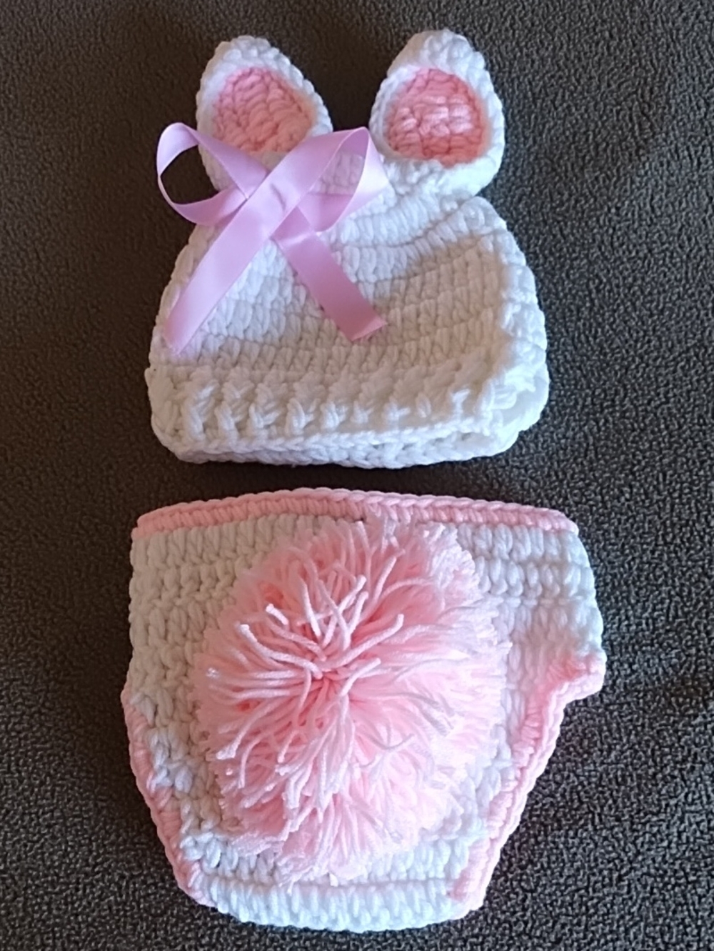 Baby Crochet Set Bunny Hat and Diaper Cover Soft Baby Shower Gift Pink White